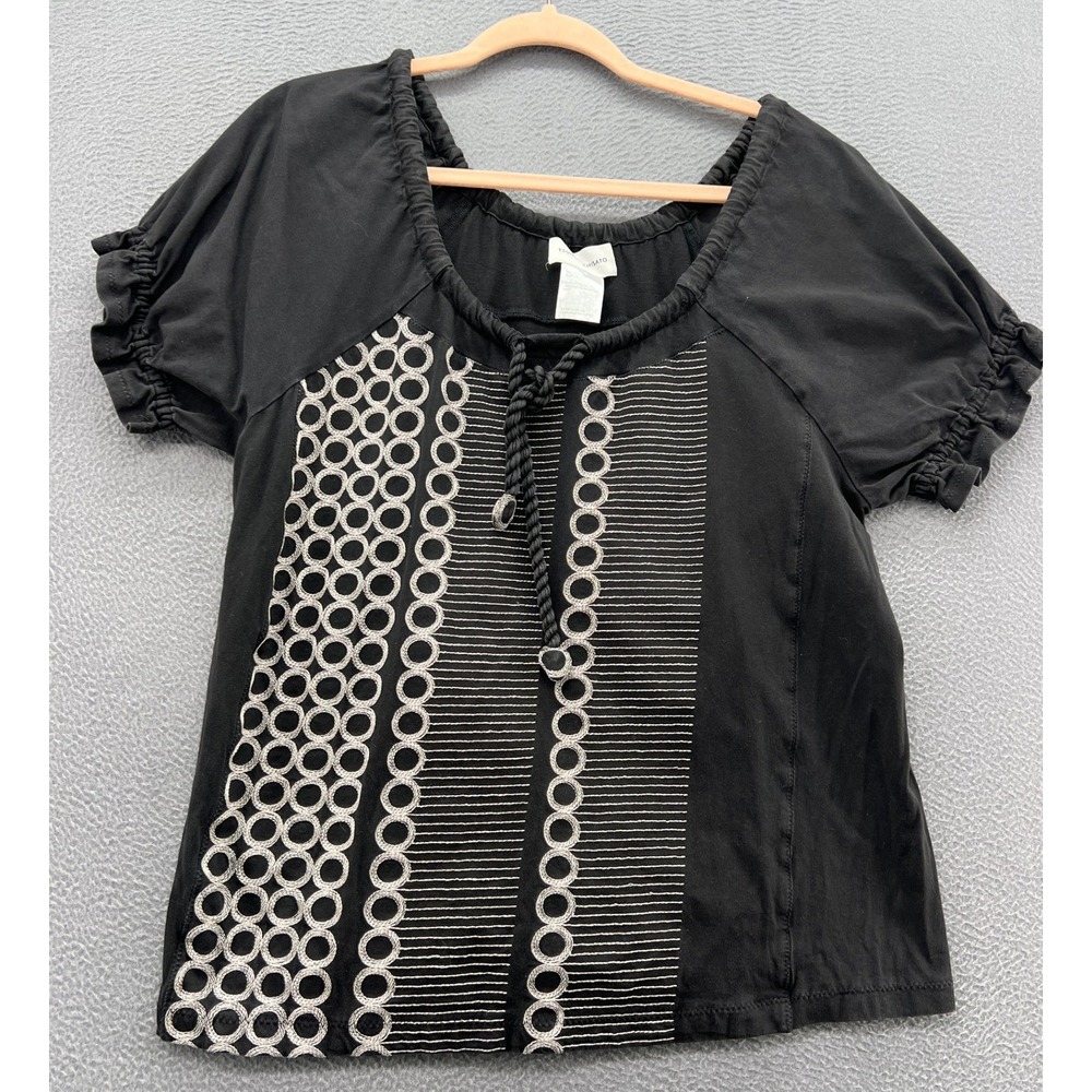 Tsumori Chisato Shirt Sz 4 Black Embroidered Tie Neck Puff Sleeve Knit Top